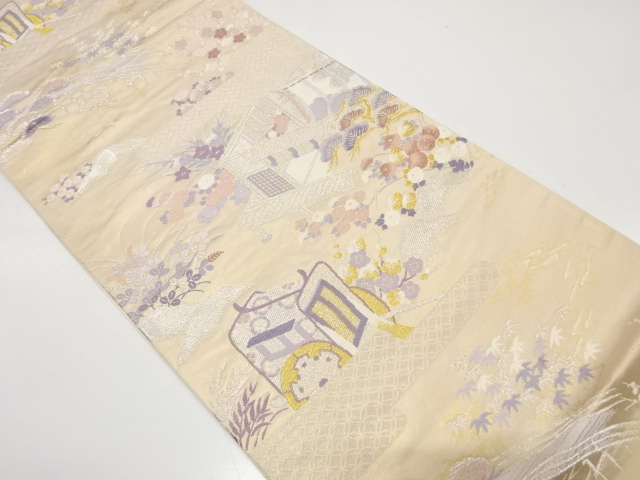 JAPANESE KIMONO / ANTIQUE FUKURO OBI / SILK / WOVEN SCENERY OF MANSIONS